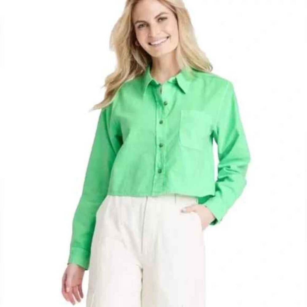 New Universal Thread Button Down Crop Top Pink/Gr… - image 2